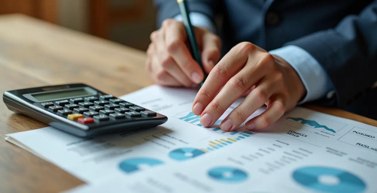 Mains analysant des documents financiers sur un bureau moderne