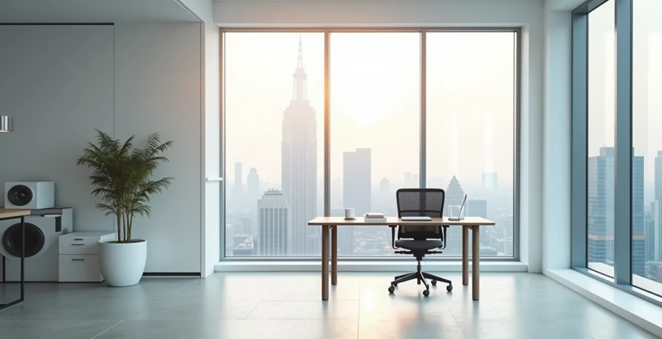 Espace de travail moderne avec vue panoramique et ambiance analytique