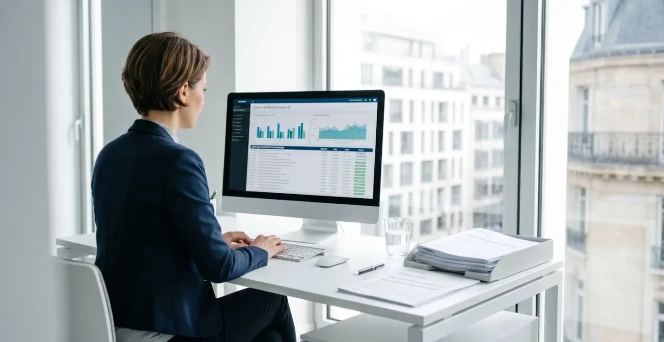 Directrice financière dans un bureau moderne travaillant sur un tableau de bord de suivi de créances clients affiché sur son écran d'ordinateur, ambiance professionnelle épurée avec lumière naturelle