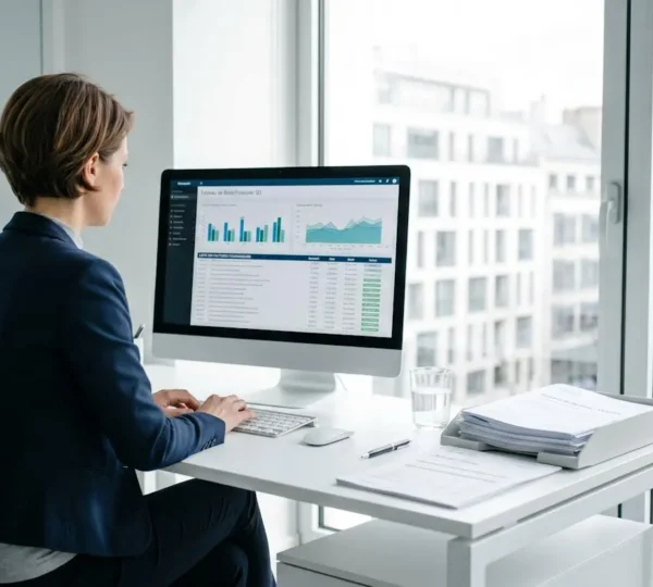 Directrice financière dans un bureau moderne travaillant sur un tableau de bord de suivi de créances clients affiché sur son écran d'ordinateur, ambiance professionnelle épurée avec lumière naturelle