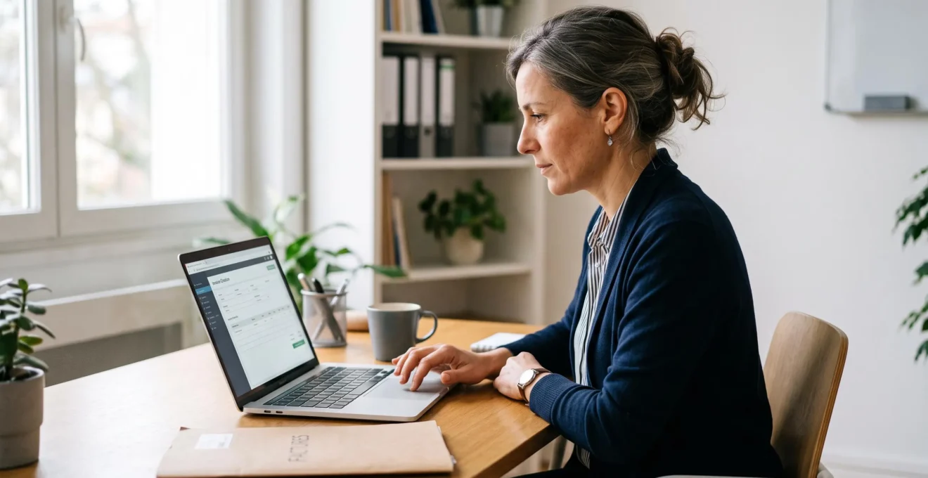 Une dirigeante de petite entreprise utilise un logiciel de facturation en ligne sur son ordinateur portable dans son bureau.