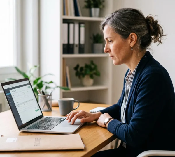 Une dirigeante de petite entreprise utilise un logiciel de facturation en ligne sur son ordinateur portable dans son bureau.